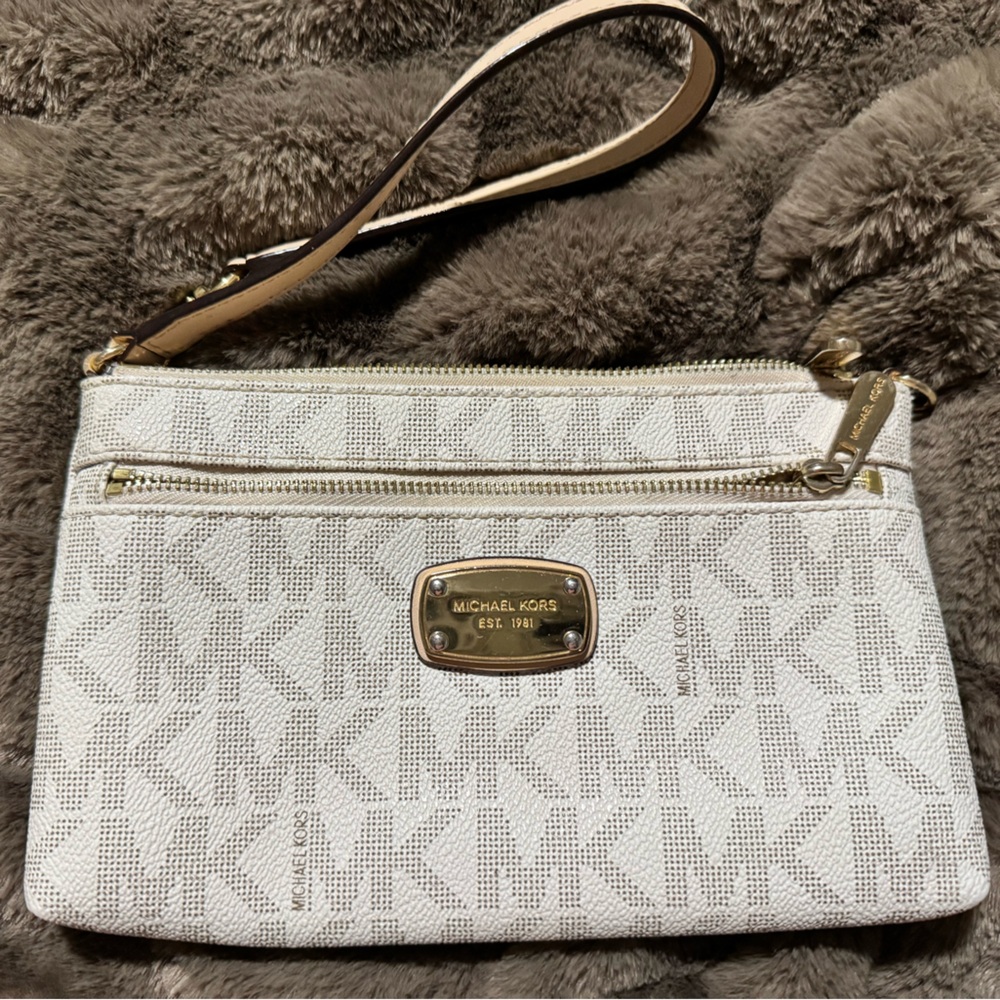 Michael Kors Cream Wristlet Clutch with Gold Accents